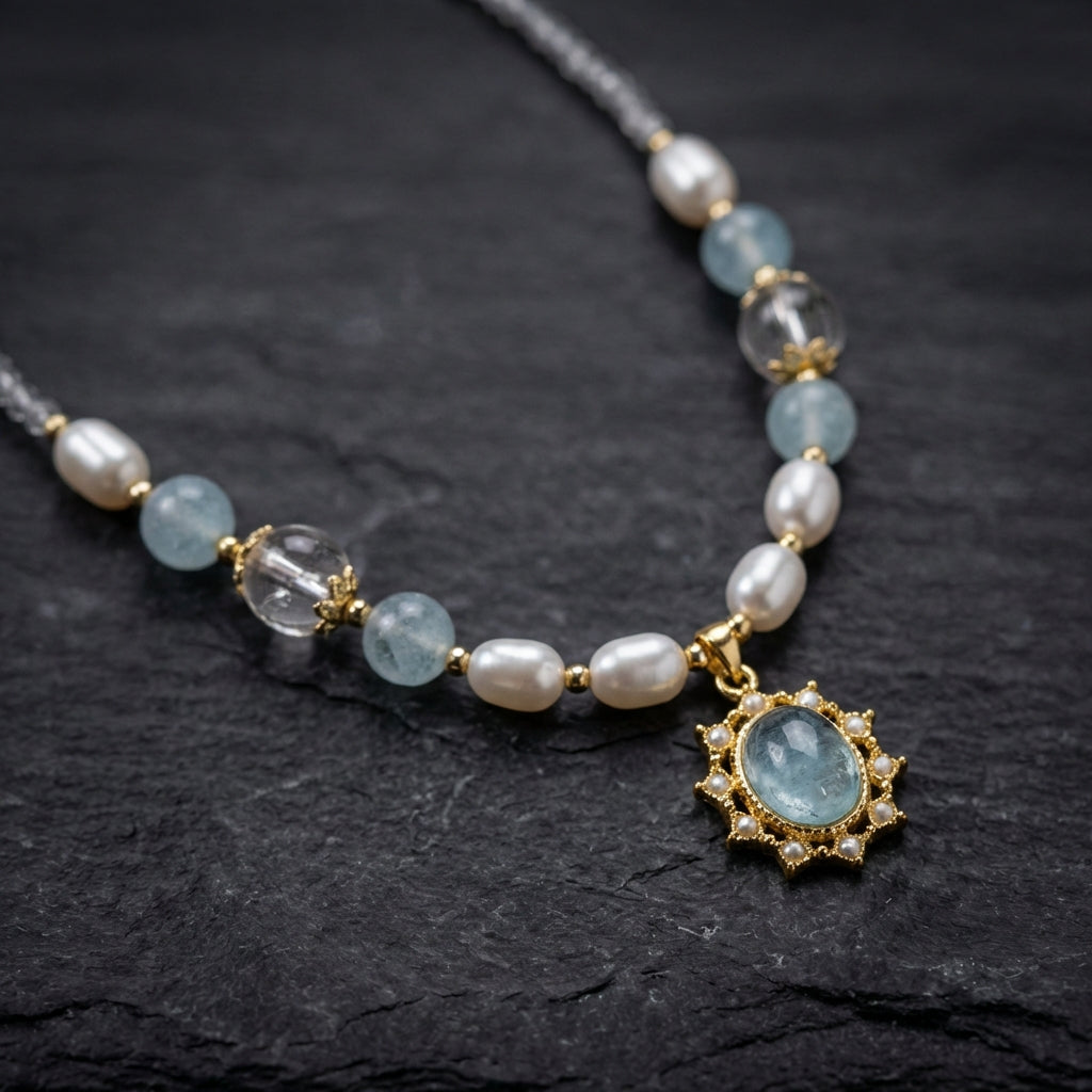 Blue Stone Zircon Freshwater Pearl Necklace