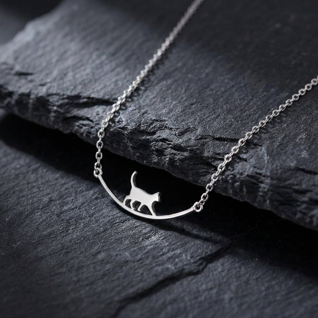 Climbing Cat Necklace In Silver