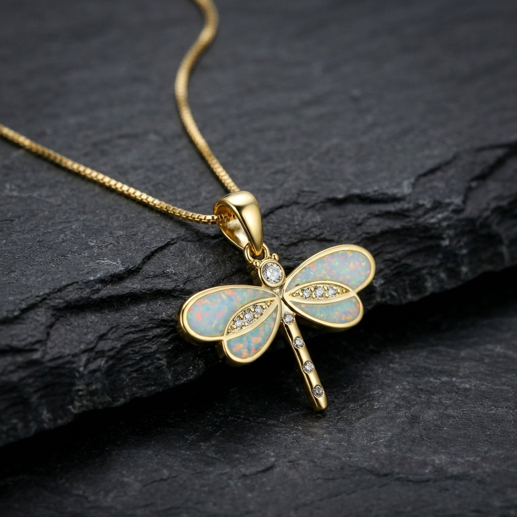 Dragonfly Necklace In Gold With Opal
