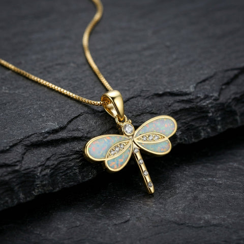Dragonfly Necklace In Gold With Opal
