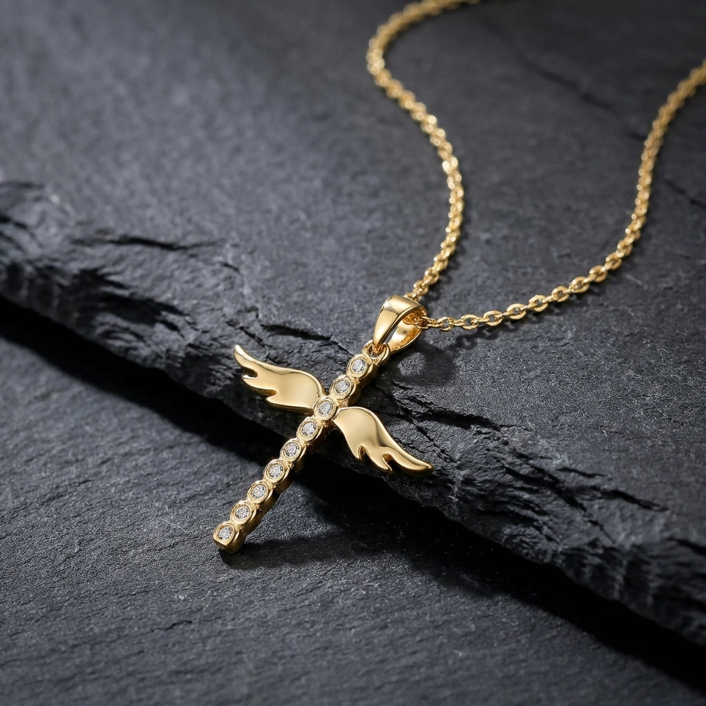 Gold Angelic Winged Cross Pendant Necklace