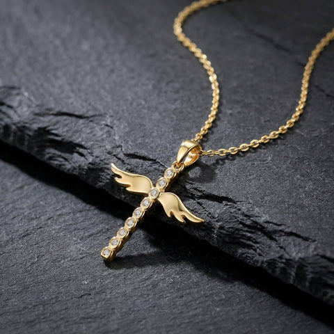 Gold Angelic Winged Cross Pendant Necklace