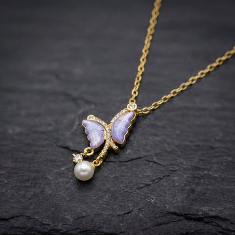 Purple Butterfly Zircon Pearl Necklace