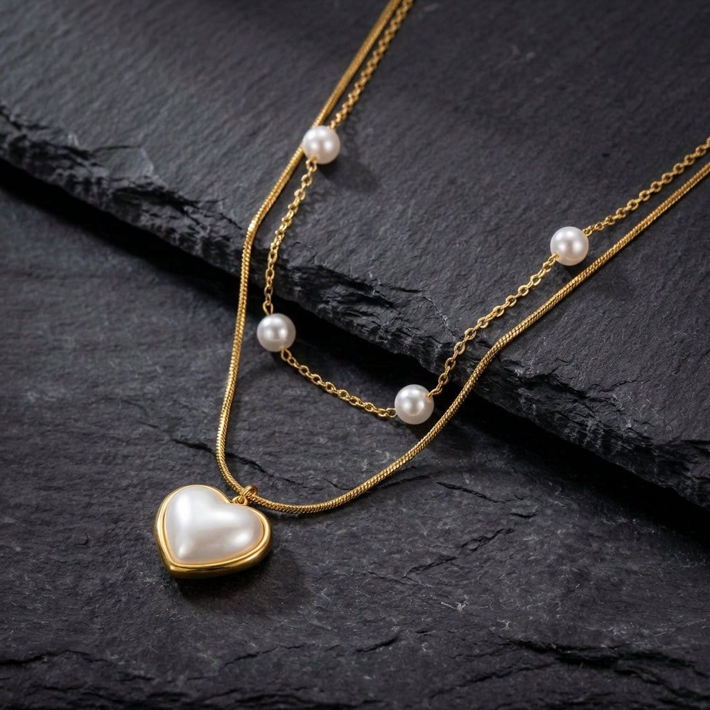White Pearl Heart Gold Necklace